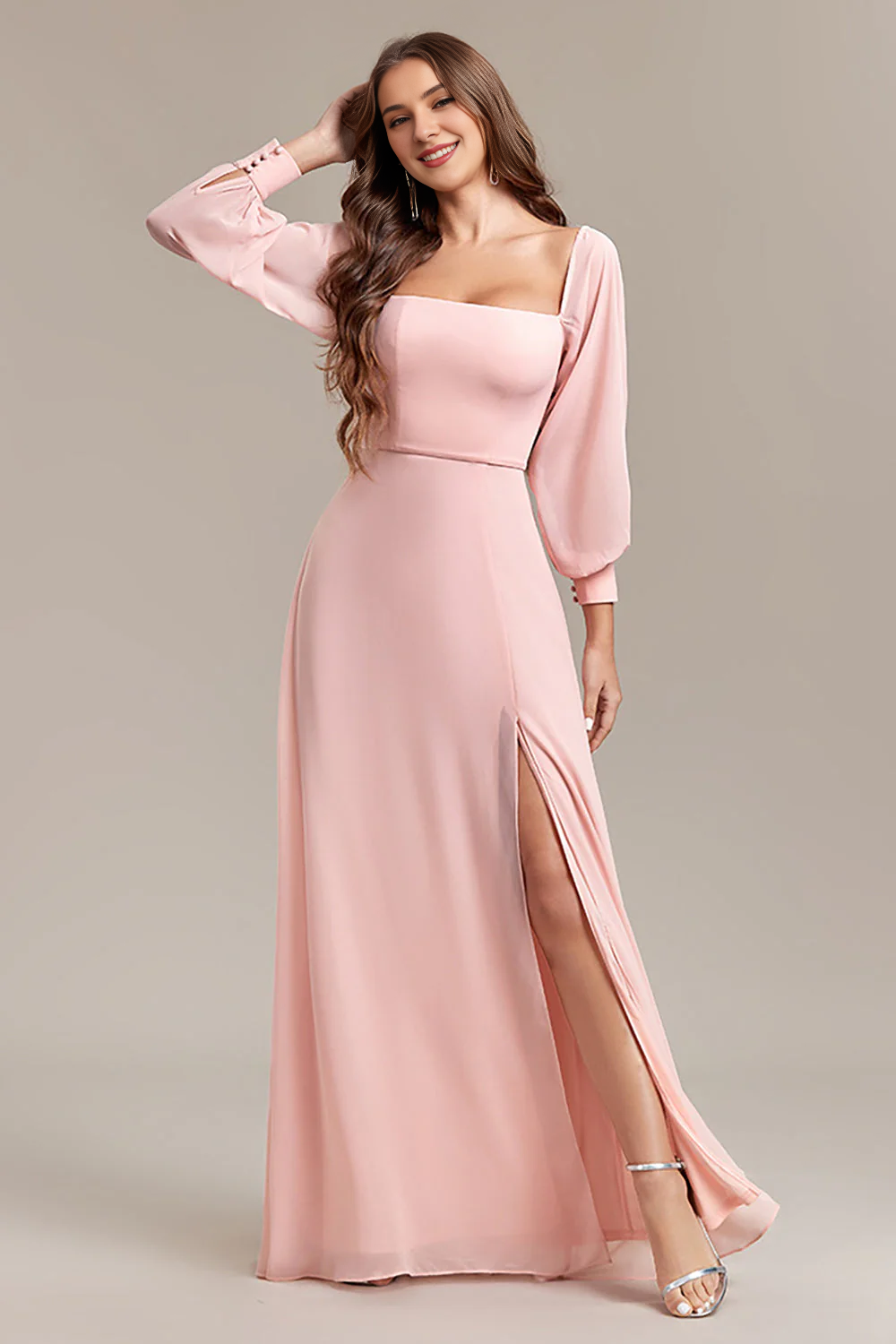 Pink A-line slit off shoulder long wedding guest dress