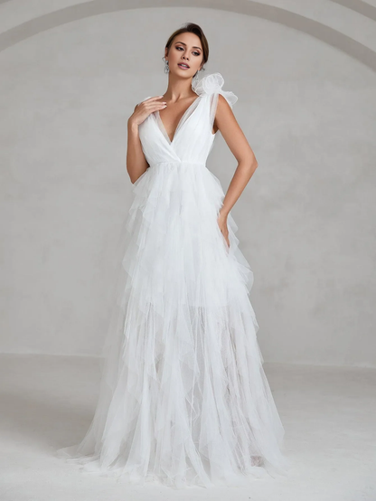 Deep V-neck sleeveless mesh cover and floor length wedding dress