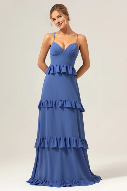 Deep blue A-line thin shoulder strap layered long bridesmaid dress