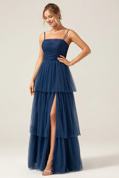 Navy blue A-line thin shoulder strap chiffon pleated long slit bridesmaid dress