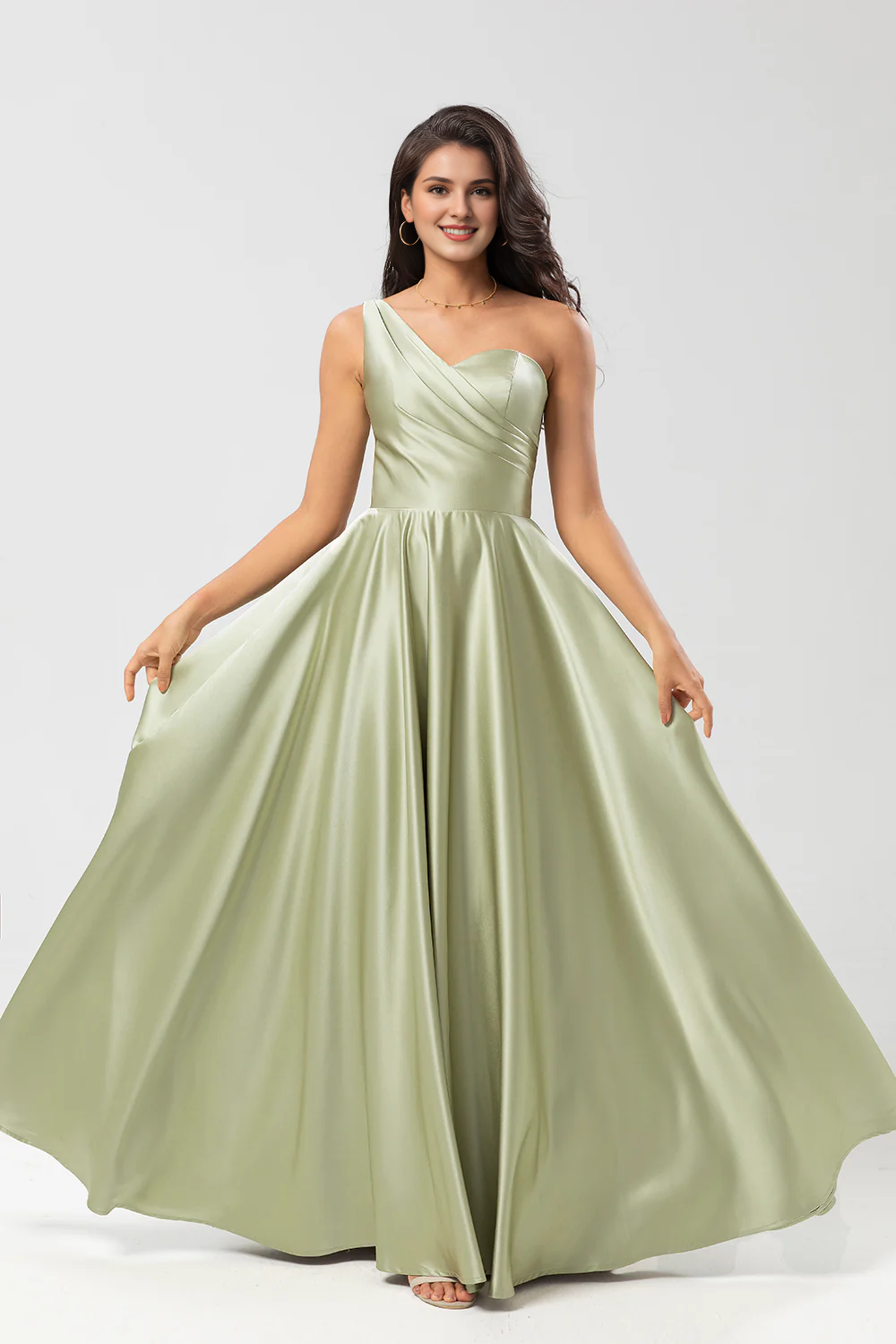 Dusty Sage A-line shoulder pleated satin bridesmaid dress