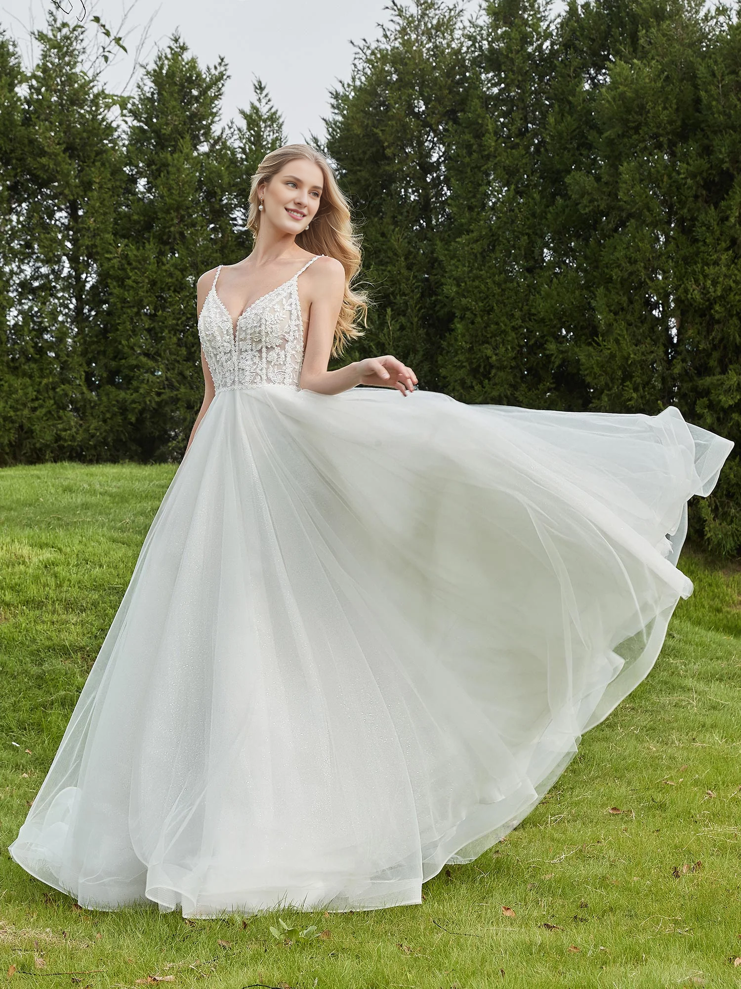 Thin shoulder strap pleated backless A-line bridal gown