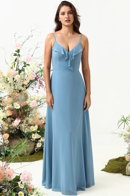 Grey blue A-line thin shoulder strap ruffled chiffon bridesmaid dress