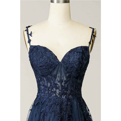 A Line Thin Shoulder Strap Open Back Navy Blue Applique Prom Dress