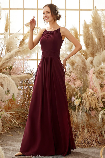 Elegant wine red chiffon neck hanging bridesmaid dress