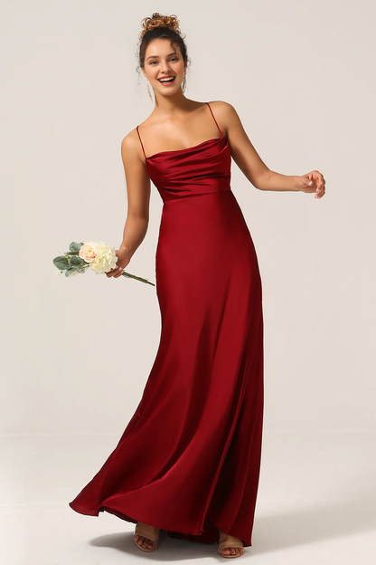 Wine red A-line thin shoulder strap and satin bridesmaid dress