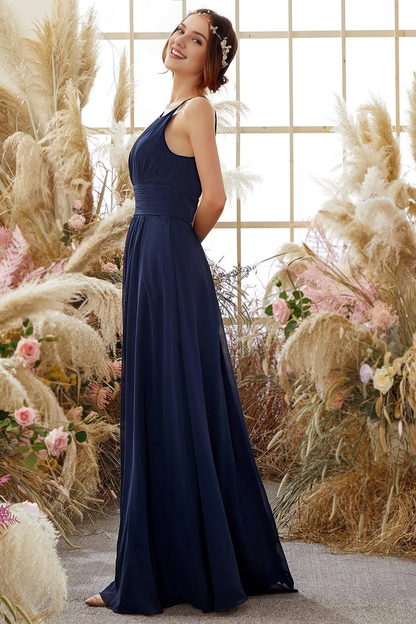 Navy Blue Neck Hanging Chiffon Bridesmaid Dress