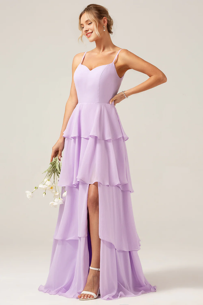 A-line thin shoulder strap layered and floor length slit light purple bridesmaid dress