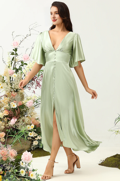 Dusty Sage A-line deep V-neck half sleeved bridesmaid dress