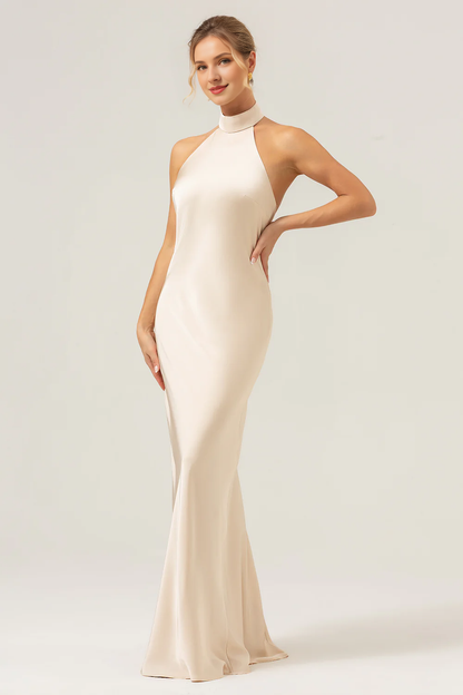 Champagne neck hanging backless slit long satin bridesmaid dress