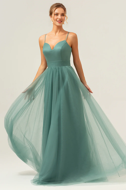 Eucalyptus A-line thin shoulder strap pleated decoration and ground length bridesmaid dress