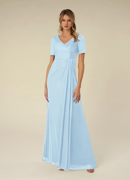 A-line pleated mesh dress and floor length mother of the bride dress