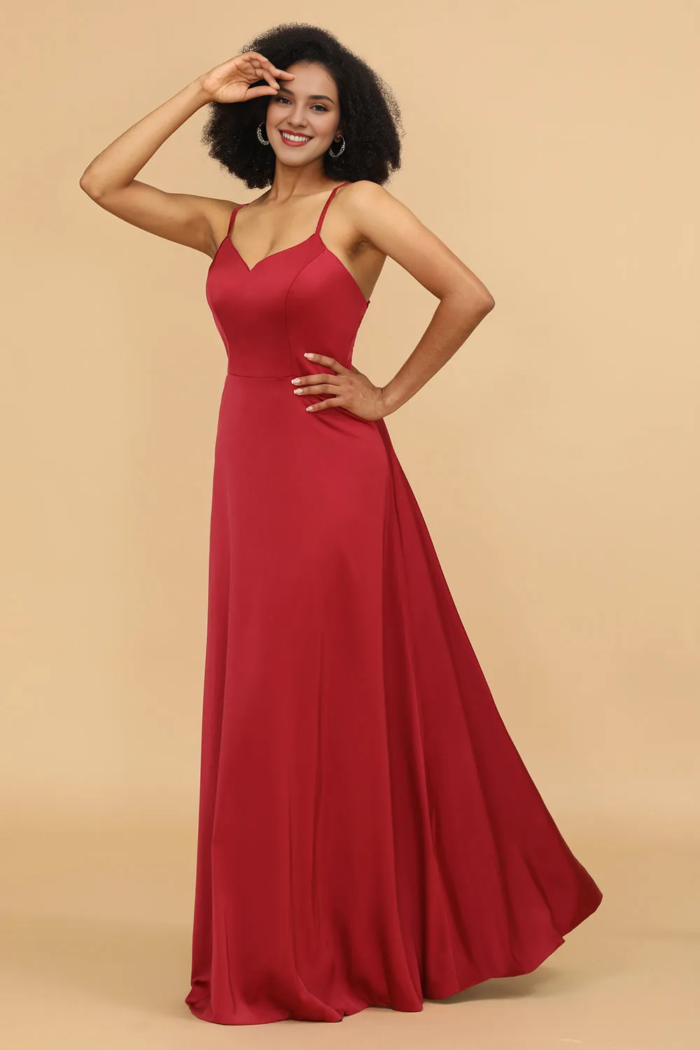 A-line satin thin shoulder strap tied back bridesmaid dress