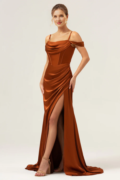 Coffee colored fishtail shaped shoulder baring pleated tight corset long slit satin bridesmaid dress