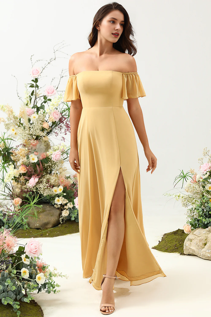 Yellow ruffled A-line shoulder chiffon long bridesmaid dress