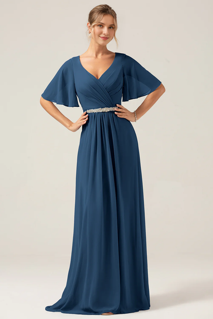 Navy blue A-line V-neck chiffon short sleeved and floor length skirt