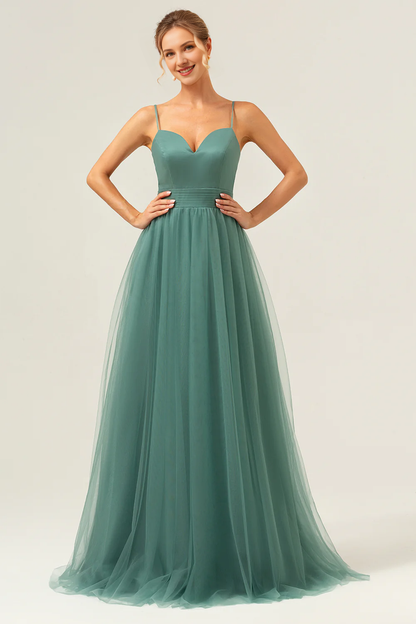 Eucalyptus A-line thin shoulder strap pleated decoration and ground length bridesmaid dress