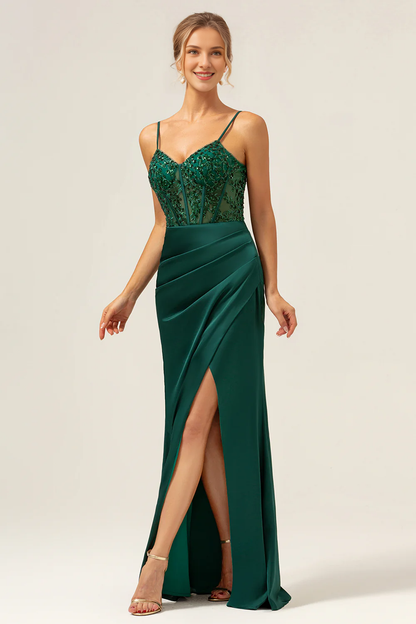 Fish tail thin shoulder strap satin long dark green slit bridesmaid dress