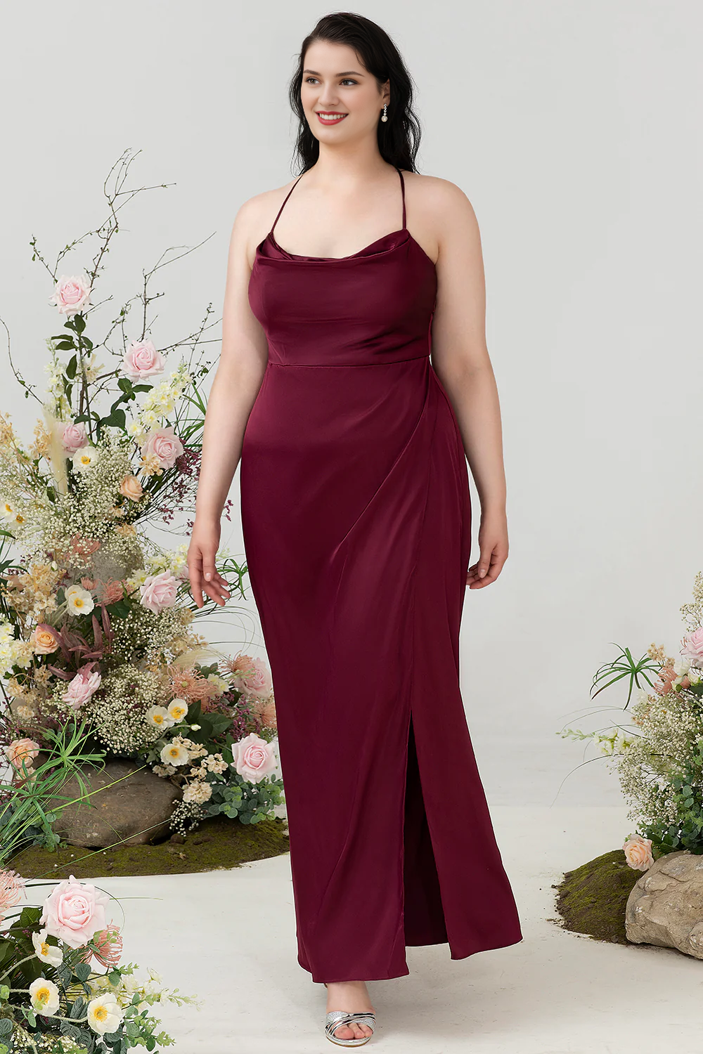 Wine red A-line hanging neck satin plus slit bridesmaid dress