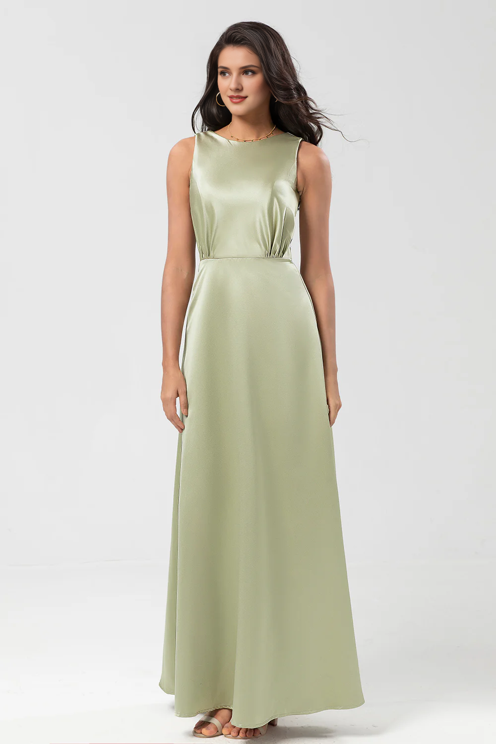 Dusty Sage A-line floor sweeping satin bridesmaid dress