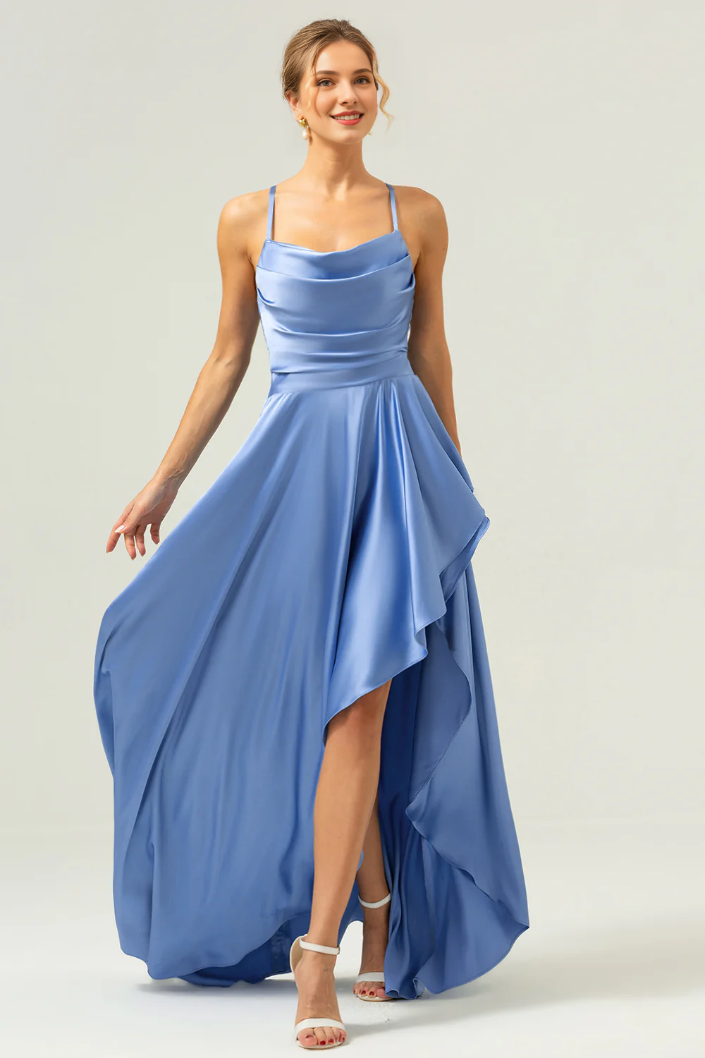 A-line satin asymmetrical ruffled blue bridesmaid dress