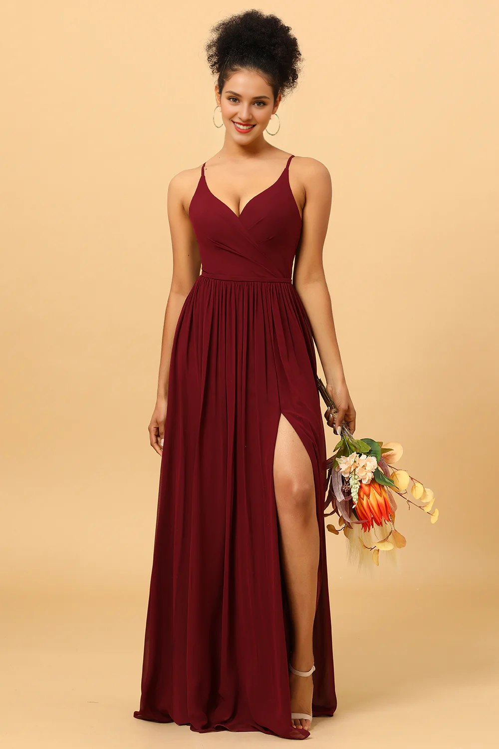 Wine red A-line thin shoulder strap pleated long slit chiffon bridesmaid dress