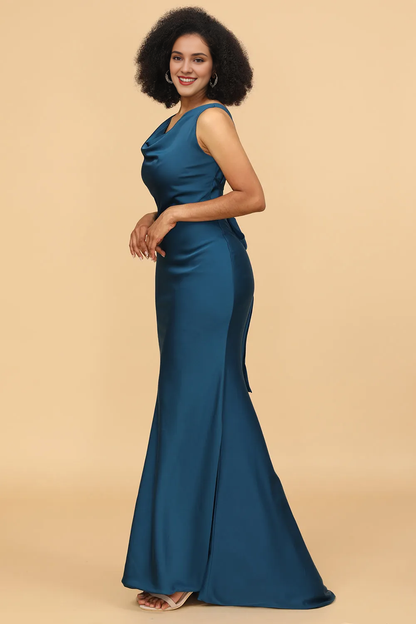 Ink blue satin mermaid bridesmaid dress