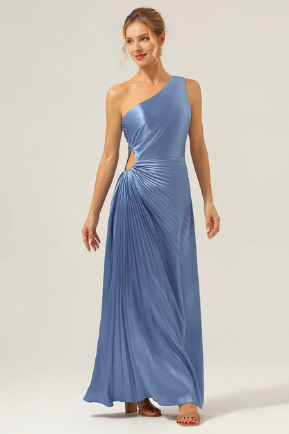 Tight shoulder pleated keyhole satin long blue bridesmaid dress