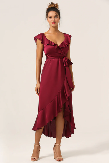 Wine red ruffled asymmetrical V-neck long bridesmaid dress