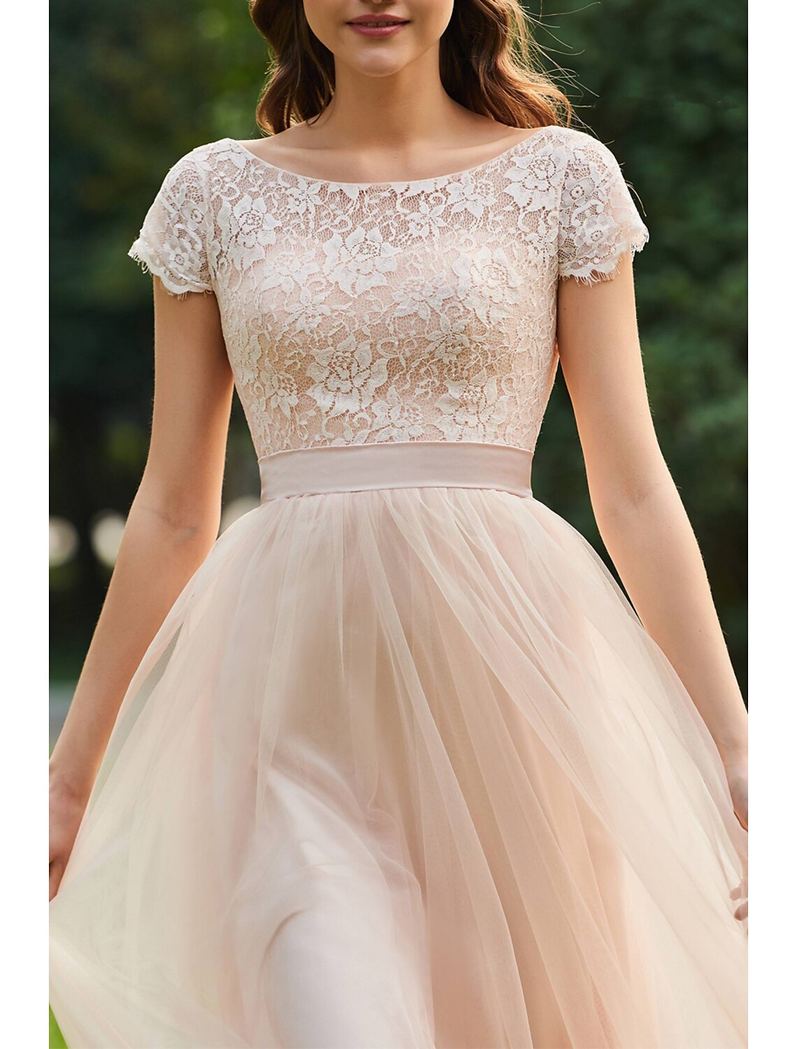 A-Line Bridesmaid Dress Jewel Neck Short Sleeve Elegant Floor Length Chiffon / Lace with Lace / Pleats