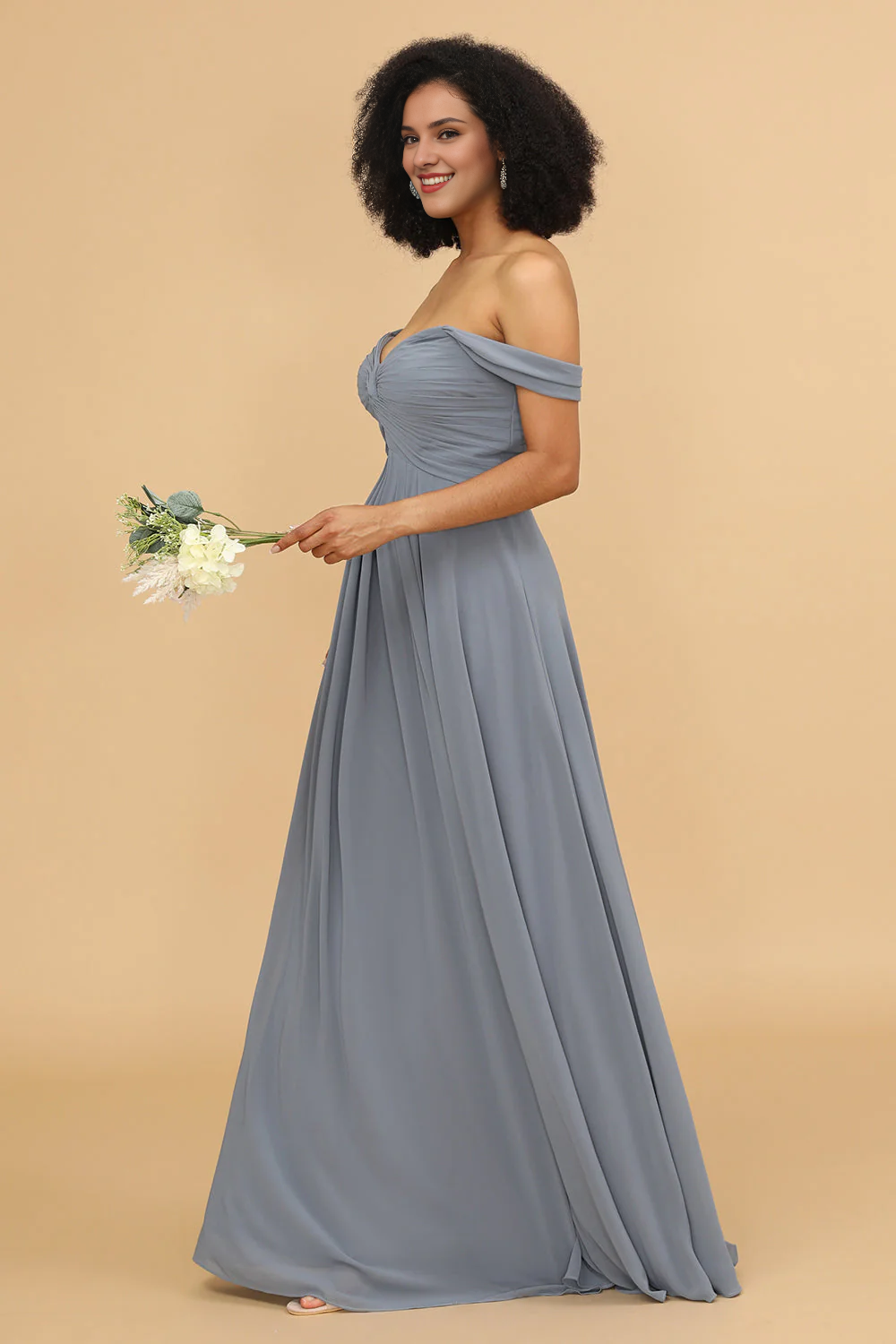 Grey blue A-line shoulder length chiffon bridesmaid dress