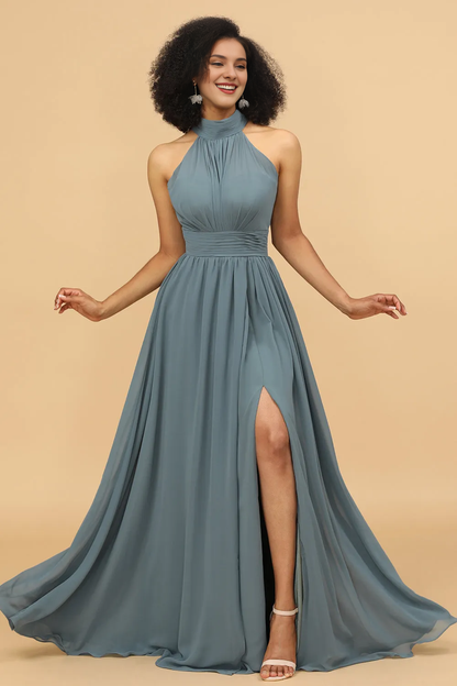 Grey neck hanging pleated long slit chiffon bridesmaid dress