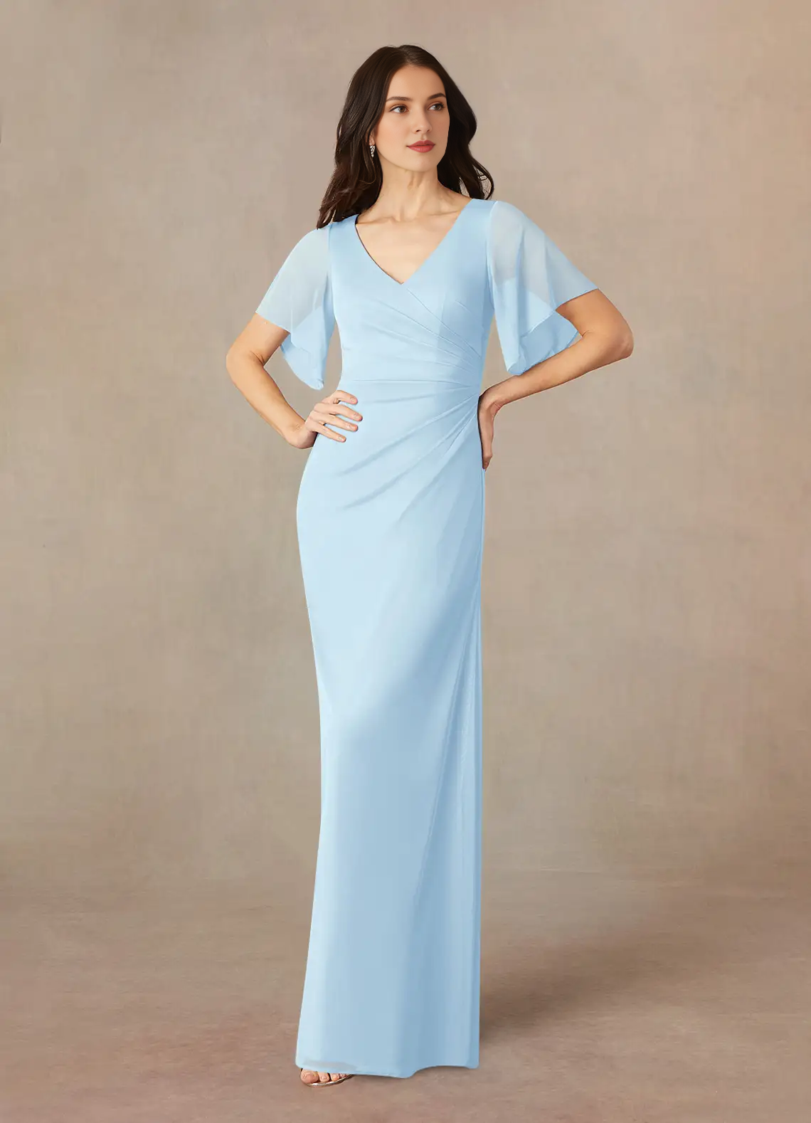 A-line V-neck pleated mesh and floor length mother of the bride dress