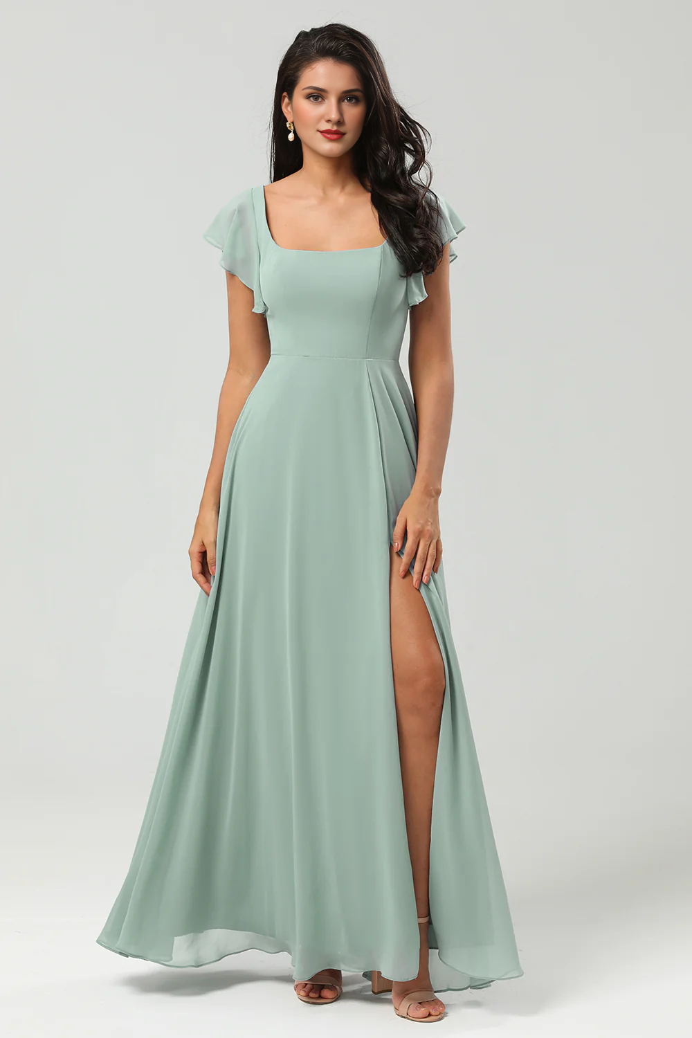 A-line square collar and floor chiffon slit bridesmaid dress