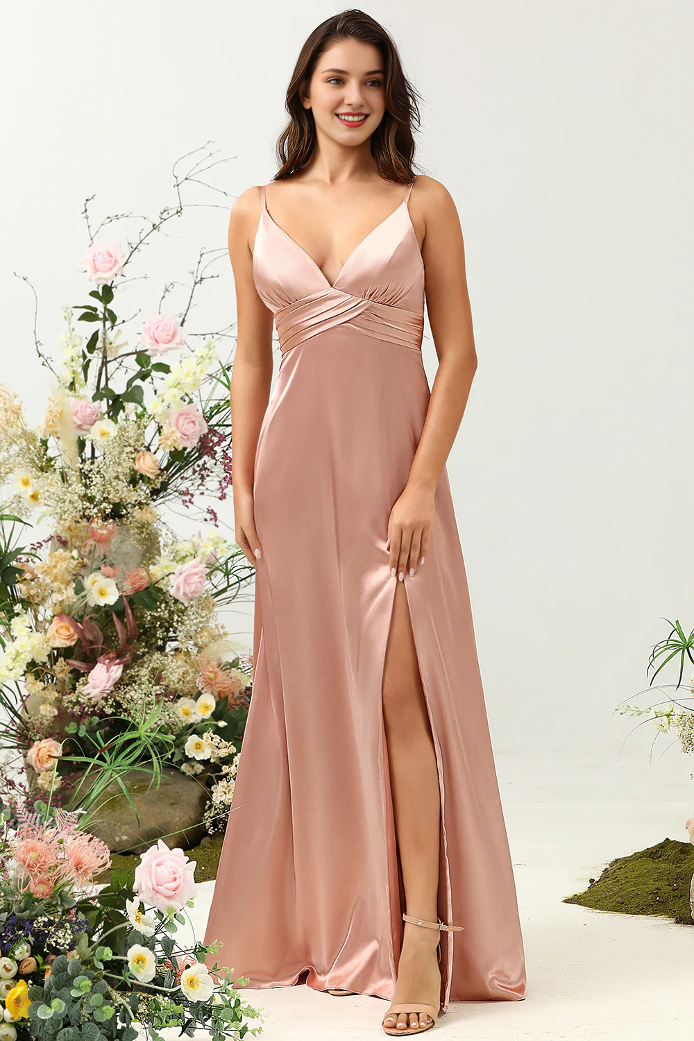 Powder blusher A-line thin shoulder belt bright slit satin bridesmaid dress