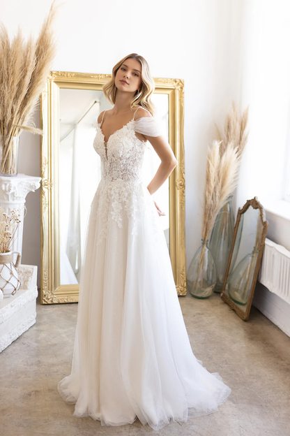 Embroidered lace applique long off shoulder sheer wedding dress