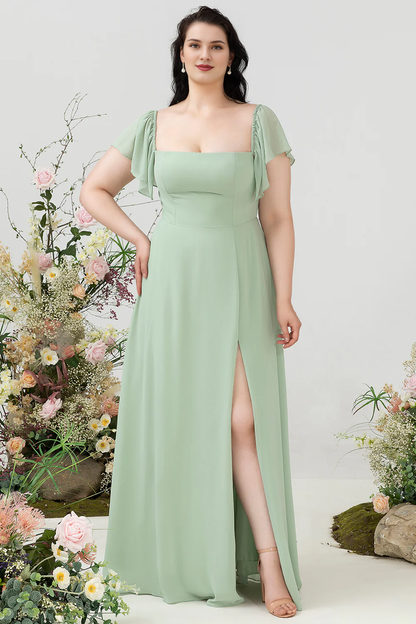 Green A-line shoulder length plus plus size ruffled polyester bridesmaid dress