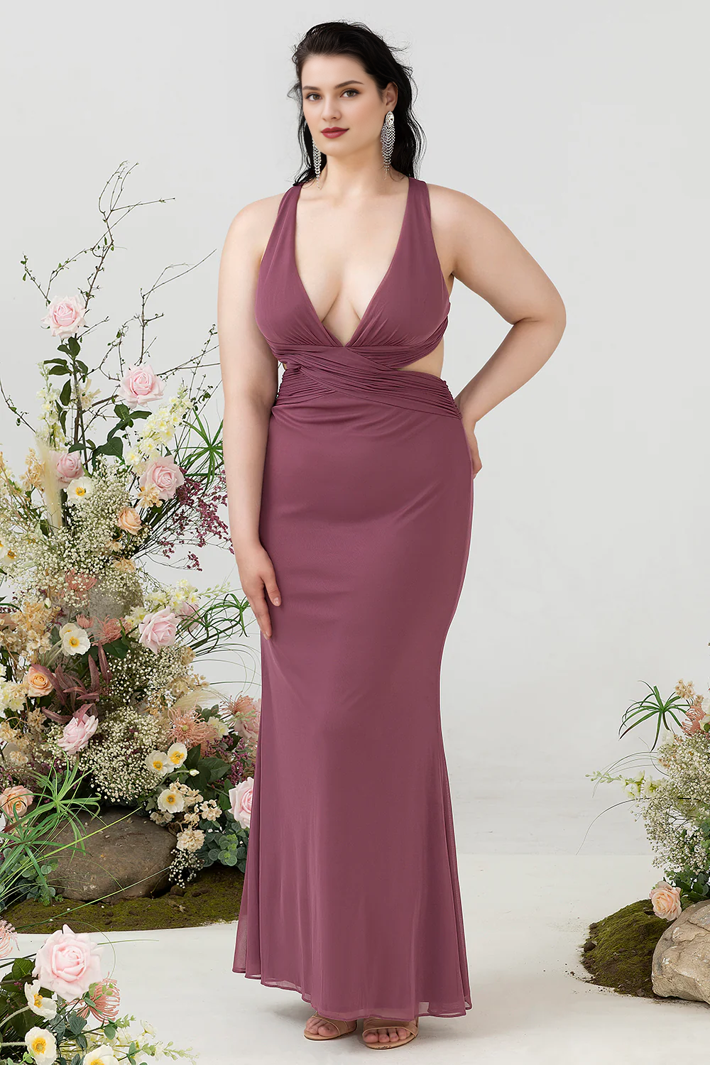 Desert Rose V-neck hollowed out oversized chiffon bridesmaid dress