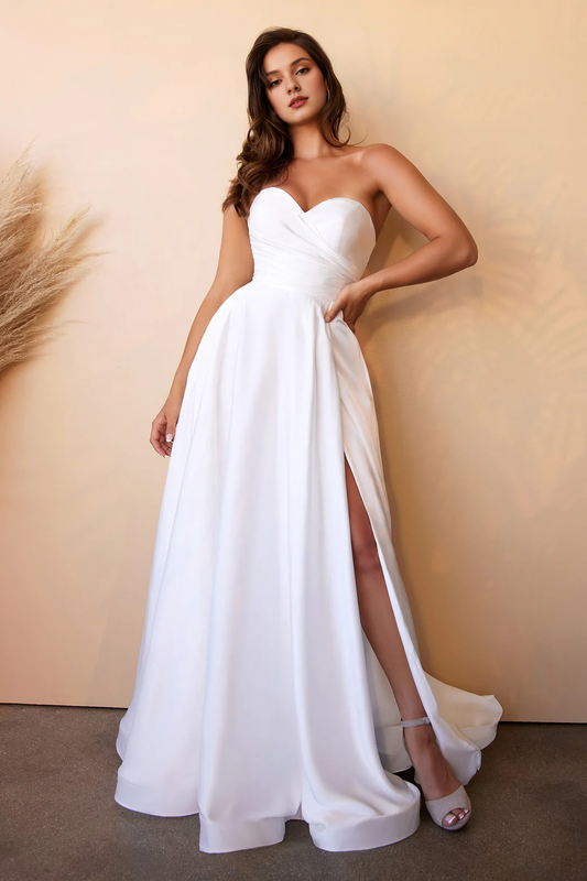 White satin strapless wedding dress