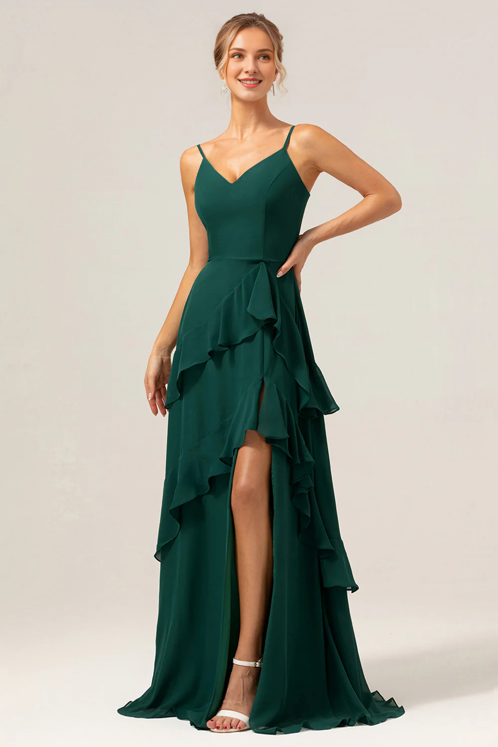 Deep green A-line V-neck ruffled chiffon layered and floor length slit bridesmaid dress