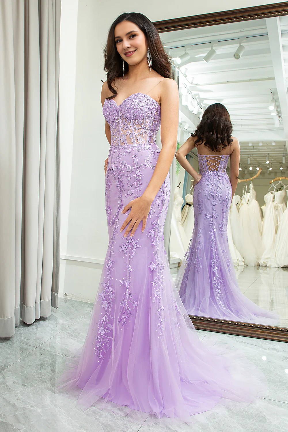 Purple mermaid sweetheart bead tight corset long applique ball dress