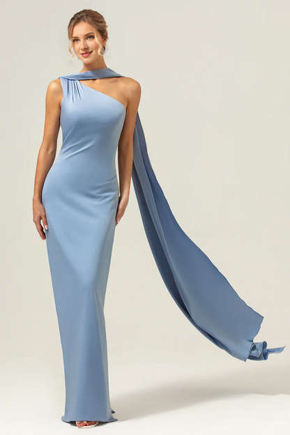 Grey blue tight one shoulder satin long bridesmaid dress