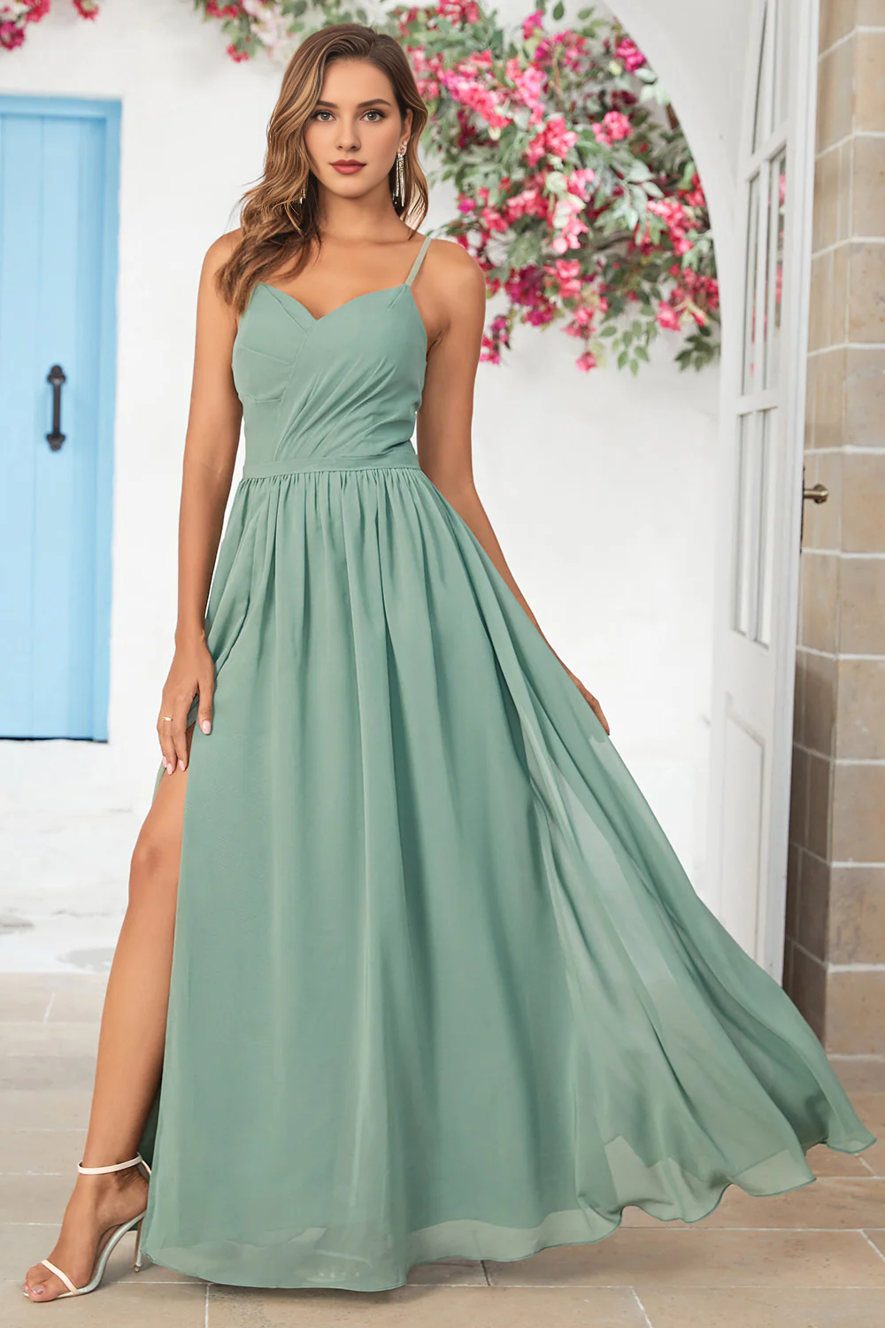 Matcha thin shoulder strap cross cross vest tight corset long bridesmaid dress