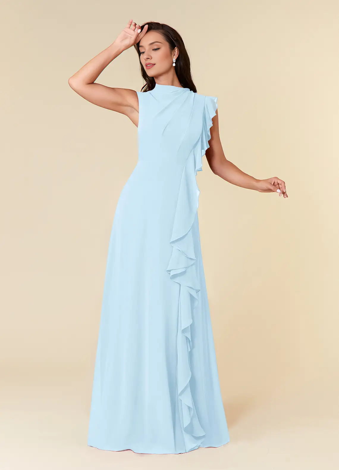 A-line high neck pleated chiffon and floor length mother of bride dress