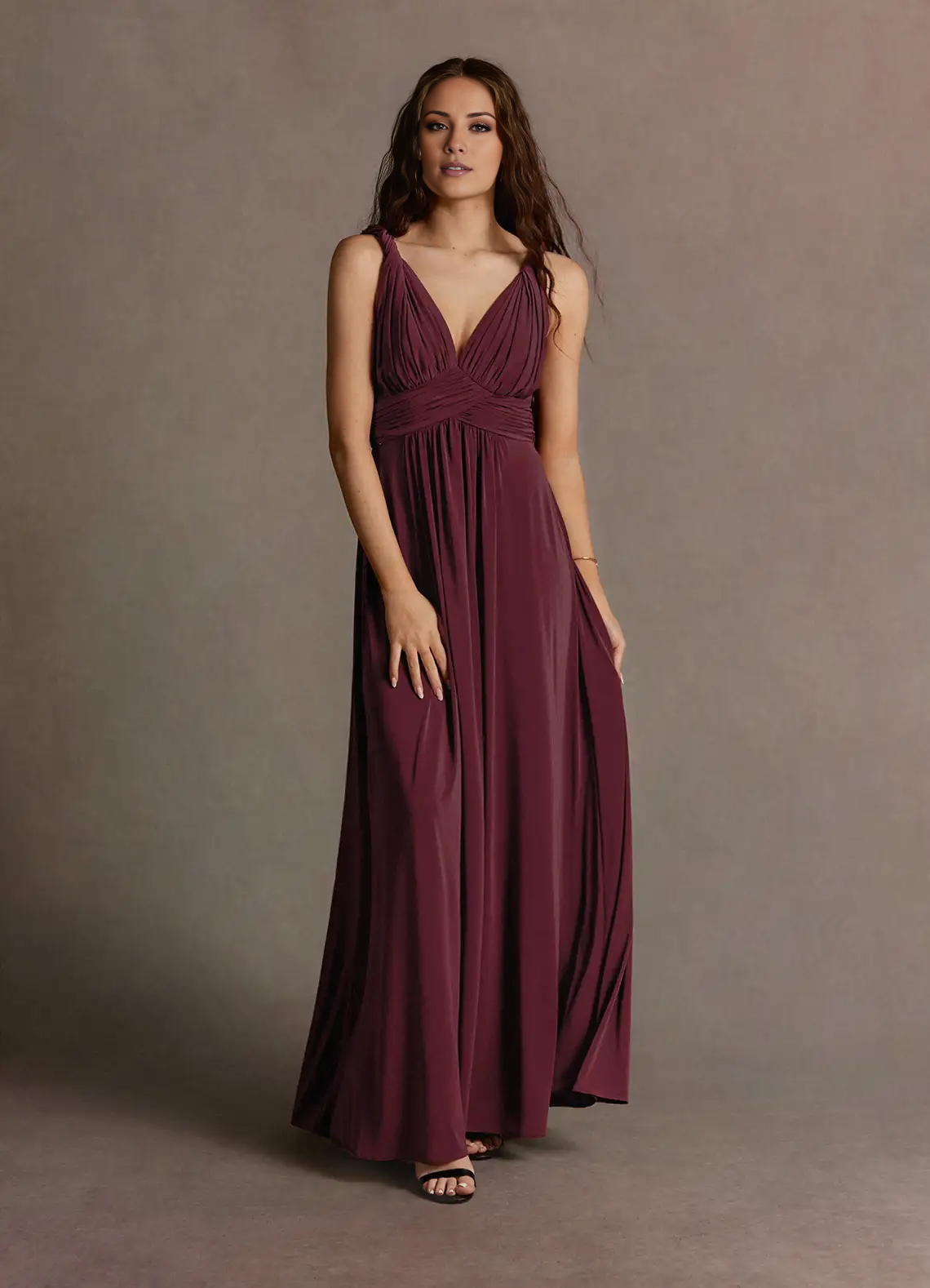 A-line deep V-neck sleeveless off shoulder and floor length evening gowns