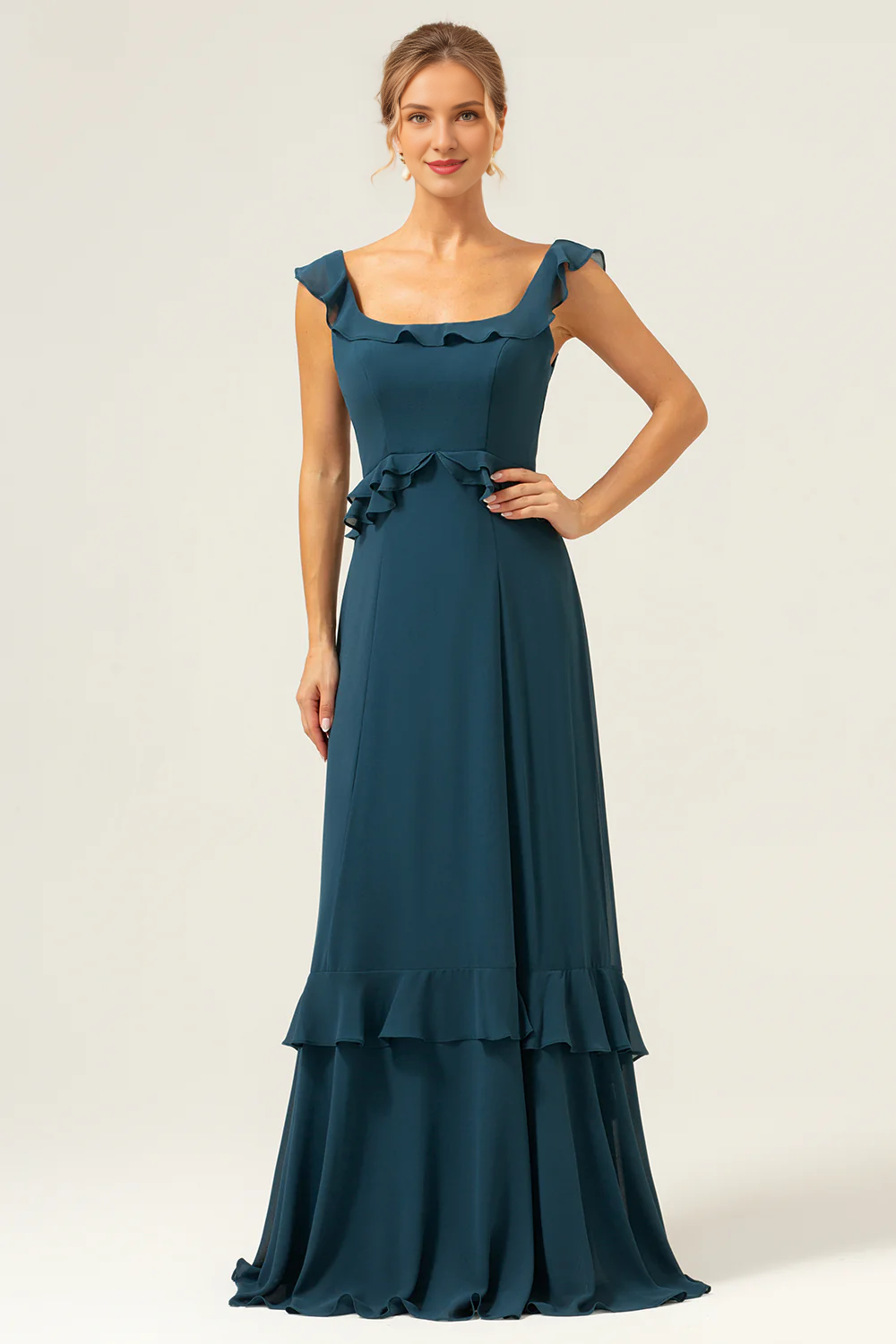 Deep peacock green A-line square neck layered chiffon long bridesmaid dress