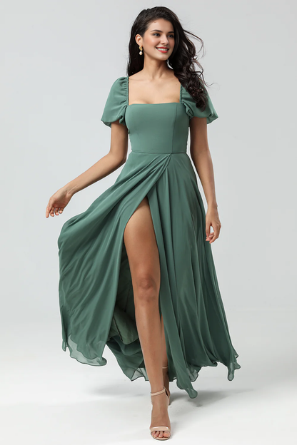 A-line chiffon bubble sleeve eucalyptus color slit bridesmaid dress