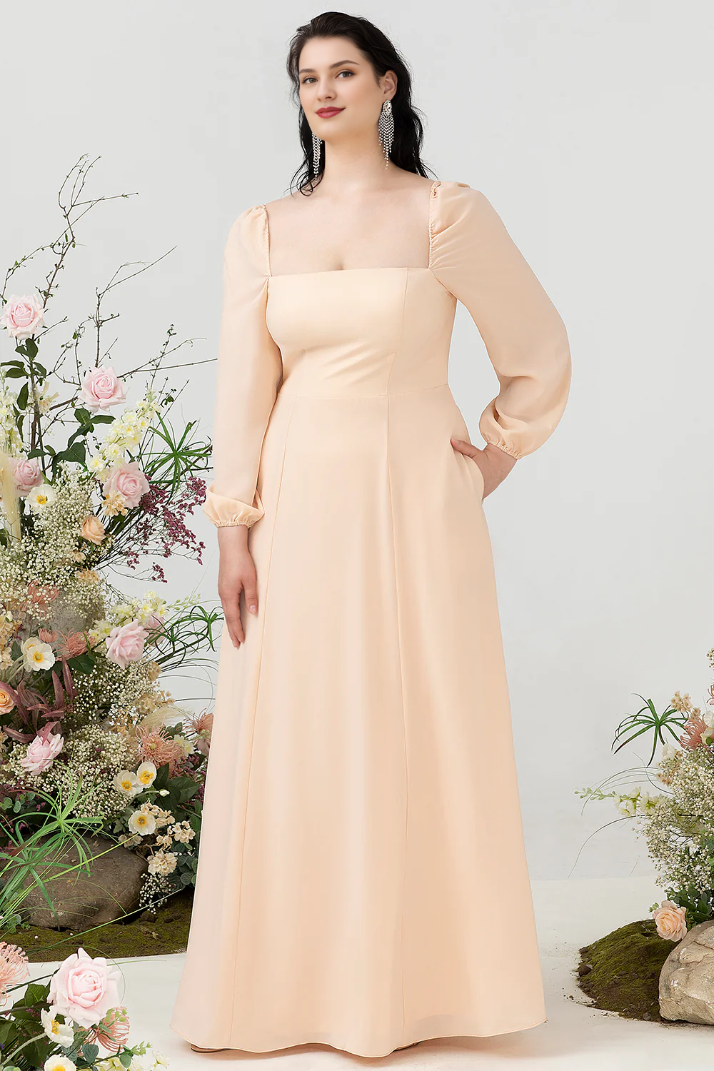 Champagne A-line square neck chiffon plus size bridesmaid dress