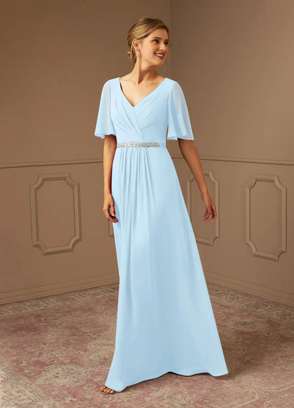 A-line V-neck pleated chiffon and floor length mother of bride dress