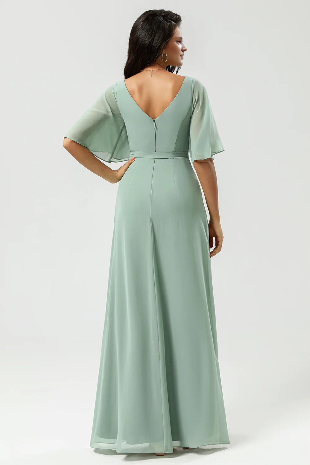 A-link V-neck long chiffon matcha slit bridesmaid dress